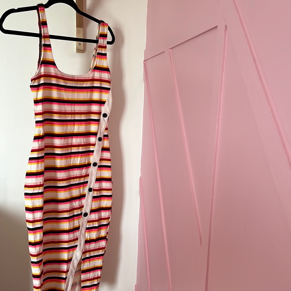 Striped bodycon dress with front side slit and button detail